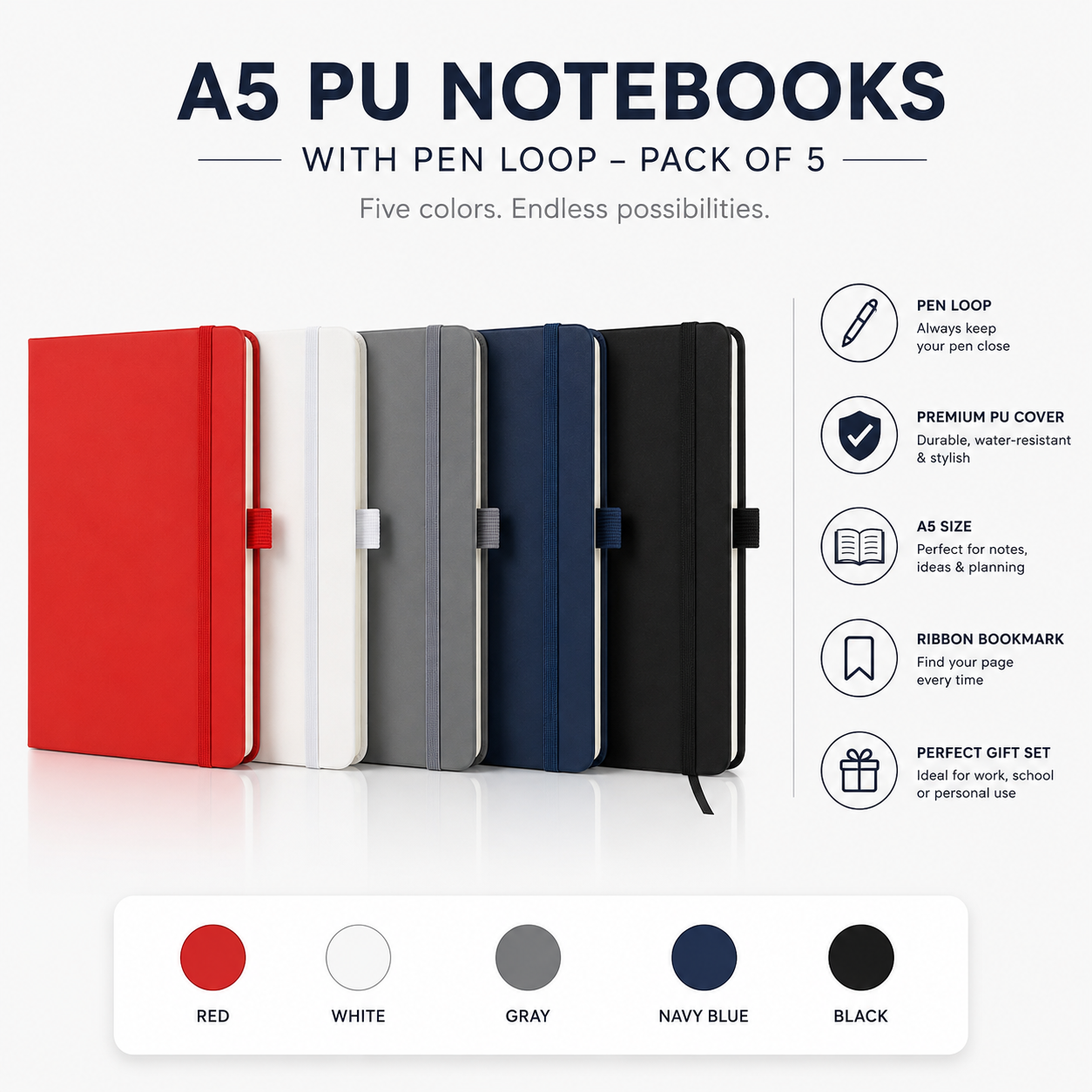 A5 PU Notebook with Pen Loop (Pack of 5)