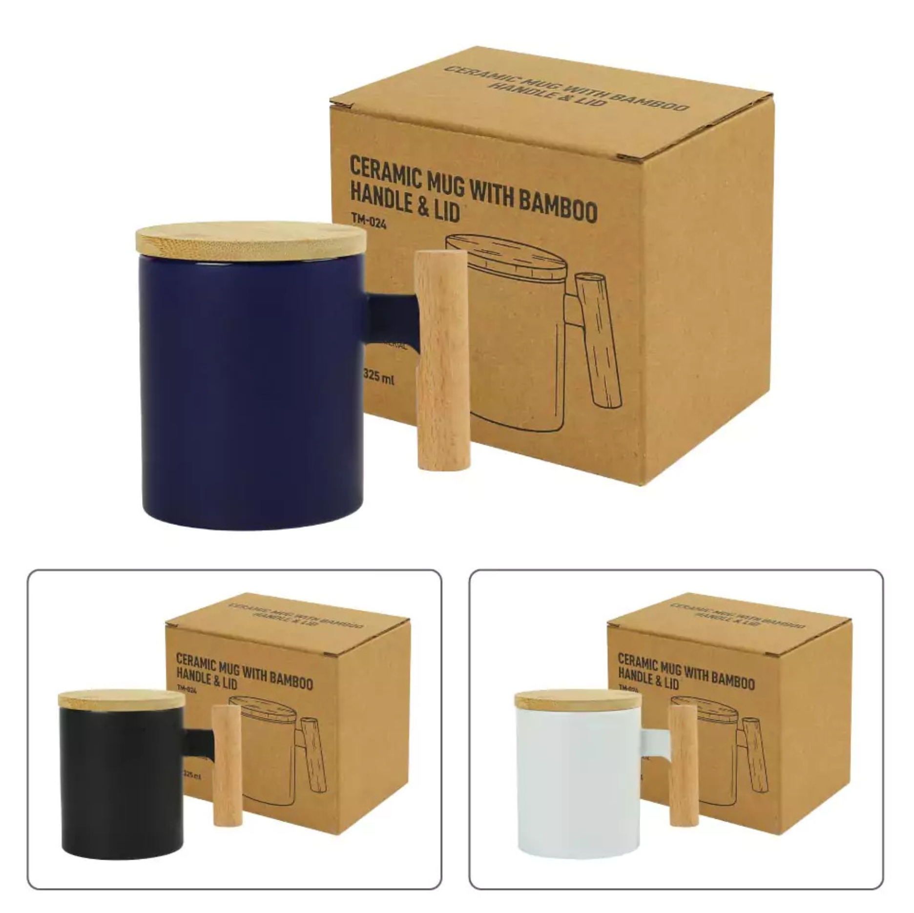Ceramic Coffee Mugs with Bamboo Handle and Lid 380ml