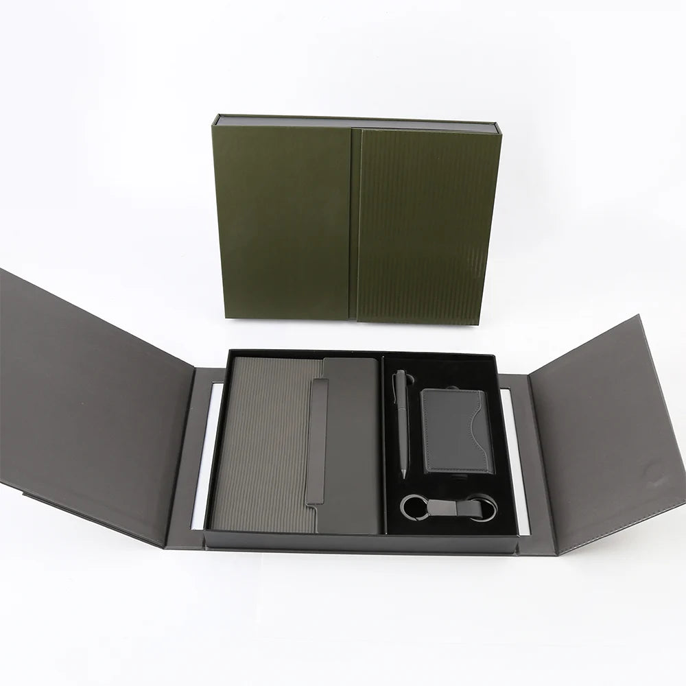 Black professional gift set with PU notebook, metal pen, card holder and keychain in a presentation box