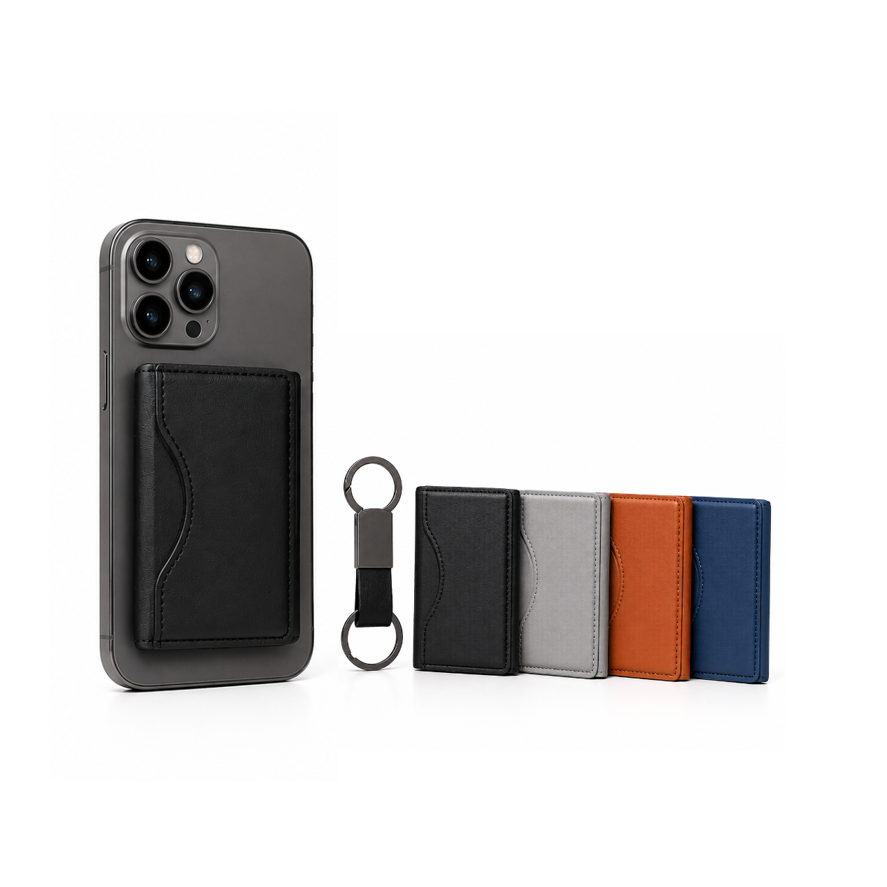 Premium MagSafe PU Leather Card Holder & Metal Keychain Bundle Set