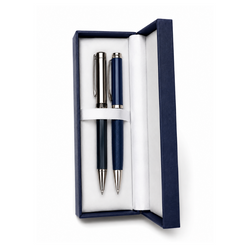 Executive corporate pen gift set with two navy blue metal ballpoint pens and a navy blue presentation box