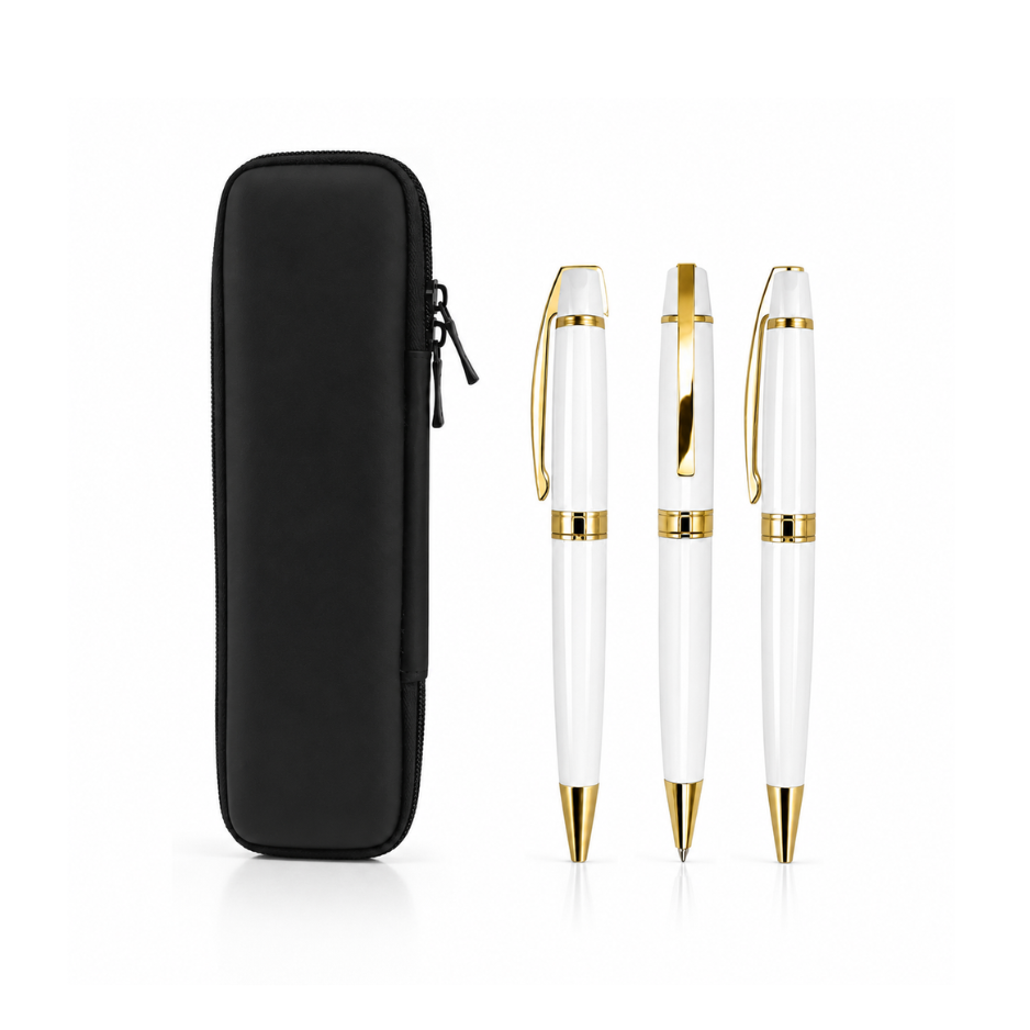 3-Piece Premium Glossy Metal Pen Set with Protective Pouch