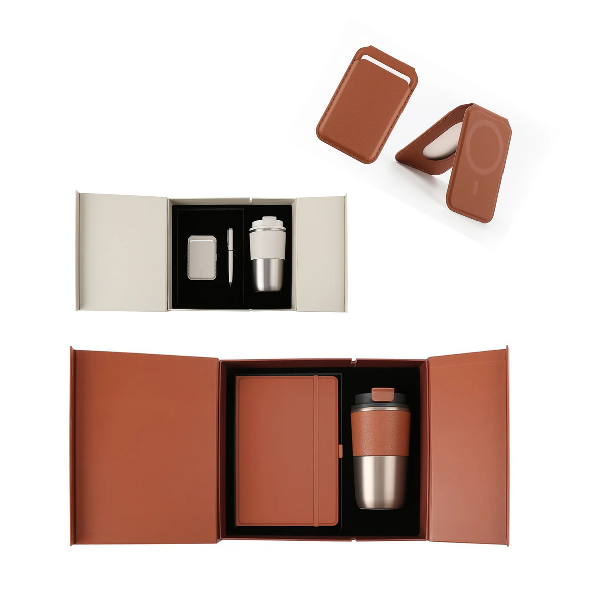 Premium corporate gift set with 420ml stainless steel mug, PU notebook and metal pen in a luxury leather box