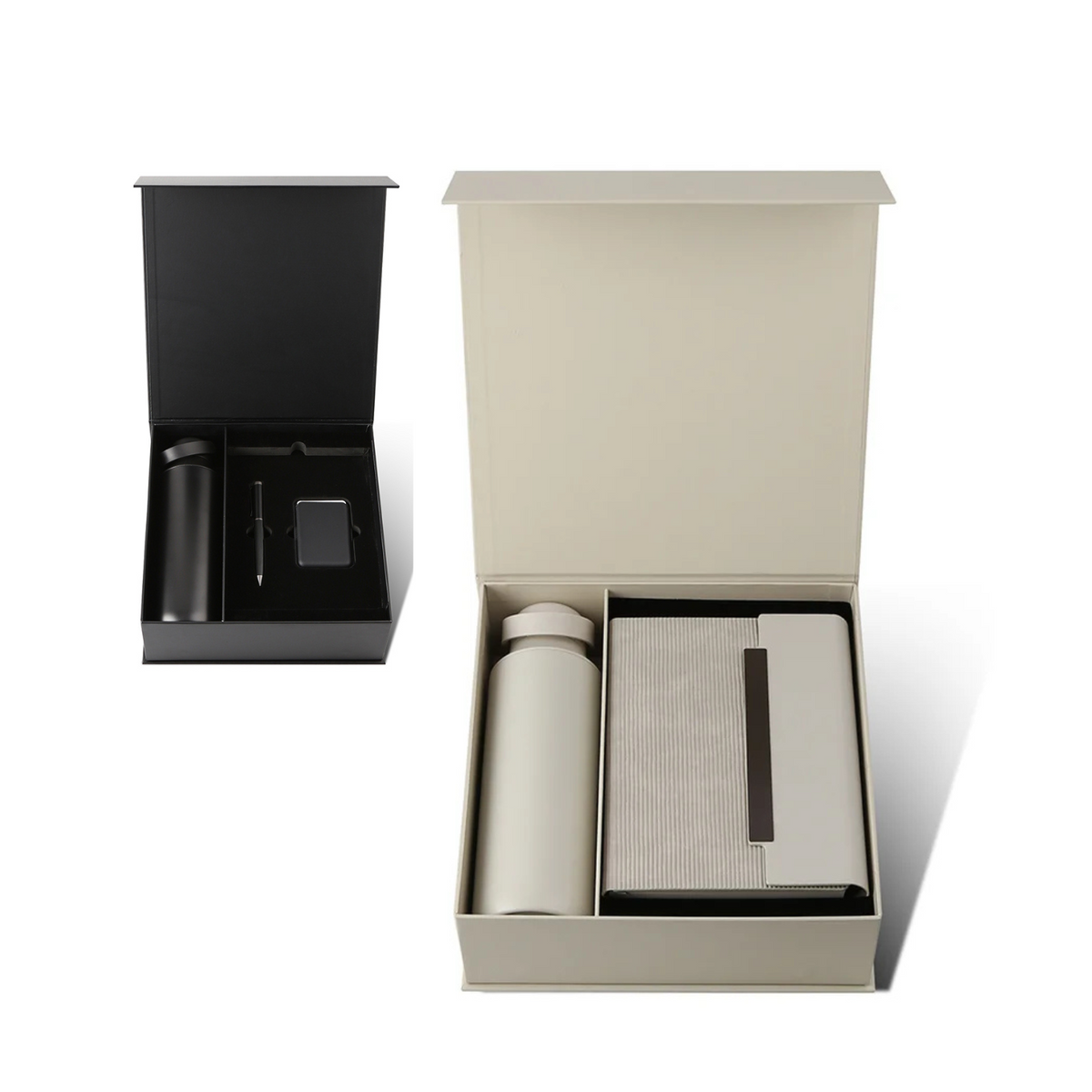 Premium grey corporate gift set with 600ml vacuum-insulated stainless steel bottle, PU notebook and metal pen